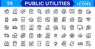 Kamu Hizmetleri Simgesi Paketi, Su, Elektrik, Atık Yönetim ve Kamu Hizmetleri için Modern, Ölçeklenebilir Satır Sanatı.