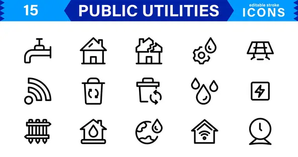Kamu Hizmetleri Simgesi Paketi, Su, Elektrik, Atık Yönetim ve Kamu Hizmetleri için Modern, Ölçeklenebilir Satır Sanatı.