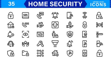 Home Security Icon Set - Creative, Minimalist Designs for Smart Locks, CCTV, Alarm Monitoring, Safety Apps, and Residential Security clipart