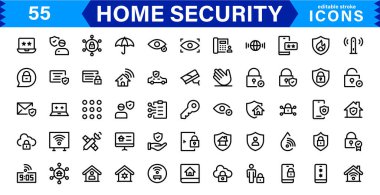 Home Security Icon Set - Creative, Minimalist Designs for Smart Locks, CCTV, Alarm Monitoring, Safety Apps, and Residential Security clipart