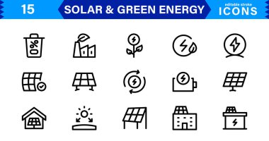 Güneş ve Yeşil Enerji Simgesi Seti. Yenilenebilir Güç, Güneş Panelleri ve Sürdürülebilirlik Çözümleri İçin Çevre dostu Çizimler