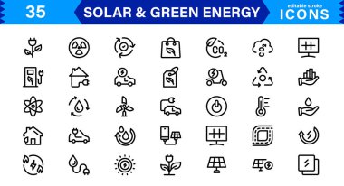 Solar and Green Energy Icon Set. Eco-Friendly Illustrations for Renewable Power, Solar Panels, and Sustainability Solutions clipart