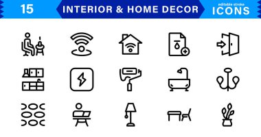 İç ve İç Dekor Simgeleri. İç Tasarım, Mobilya ve Dekorasyon İçin Minimalist Vektörler