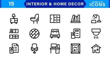 İç ve İç Dekor Simgeleri. İç Tasarım, Mobilya ve Dekorasyon İçin Minimalist Vektörler