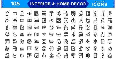 İç ve İç Dekor Simgeleri. İç Tasarım, Mobilya ve Dekorasyon İçin Minimalist Vektörler