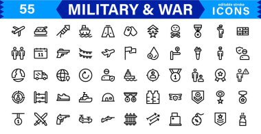 War and Military Icons. Vector Set of Weaponry, Soldiers, and Battle Equipment for Graphic Projects clipart