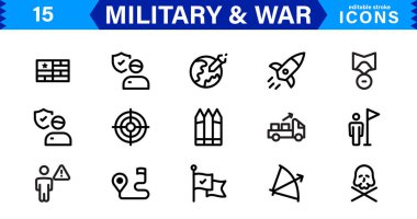 War and Military Icons. Vector Set of Weaponry, Soldiers, and Battle Equipment for Graphic Projects clipart