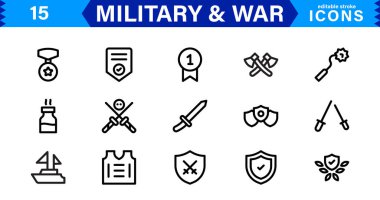 War and Military Icons. Vector Set of Weaponry, Soldiers, and Battle Equipment for Graphic Projects clipart