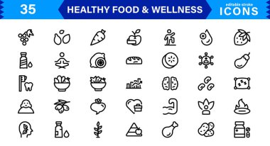 Sağlıklı Gıda ve Sağlık Simgeleri. Taslak, Asgari ve Düz Beslenme, Uygunluk ve Refah için Çizgi, Düz Çizgiler ile Premium Vektör Seti