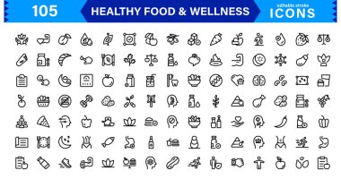 Sağlıklı Gıda ve Sağlık Simgeleri. Taslak, Asgari ve Düz Beslenme, Uygunluk ve Refah için Çizgi, Düz Çizgiler ile Premium Vektör Seti