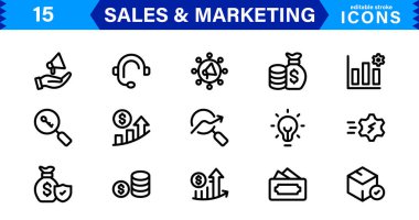 Satış & Pazarlama Simgesi Seti. Taslaklı Profesyonel Vektör Simgeleri, Minimalist ve İş, Reklam ve Dijital Tanıtım İçin Düz Tasarımlar