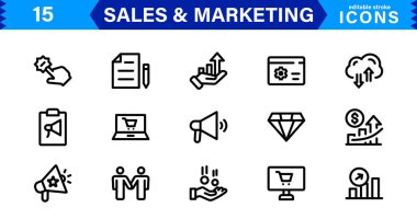 Satış & Pazarlama Simgesi Seti. Taslaklı Profesyonel Vektör Simgeleri, Minimalist ve İş, Reklam ve Dijital Tanıtım İçin Düz Tasarımlar