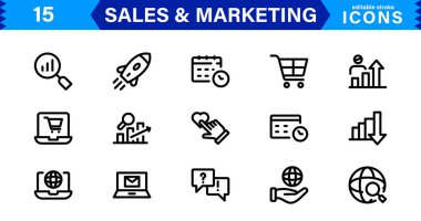 Satış & Pazarlama Simgesi Seti. Taslaklı Profesyonel Vektör Simgeleri, Minimalist ve İş, Reklam ve Dijital Tanıtım İçin Düz Tasarımlar