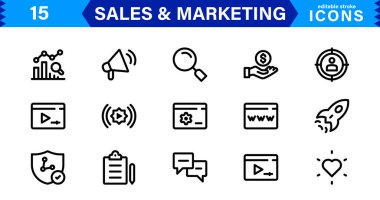 Satış & Pazarlama Simgesi Seti. Taslaklı Profesyonel Vektör Simgeleri, Minimalist ve İş, Reklam ve Dijital Tanıtım İçin Düz Tasarımlar