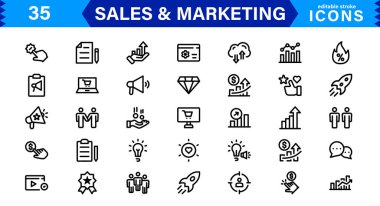 Satış & Pazarlama Simgesi Seti. Taslaklı Profesyonel Vektör Simgeleri, Minimalist ve İş, Reklam ve Dijital Tanıtım İçin Düz Tasarımlar