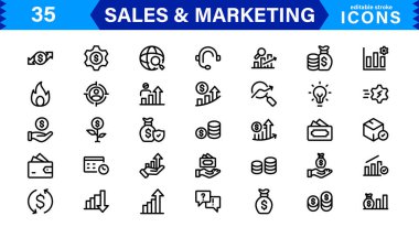 Satış & Pazarlama Simgesi Seti. Taslaklı Profesyonel Vektör Simgeleri, Minimalist ve İş, Reklam ve Dijital Tanıtım İçin Düz Tasarımlar