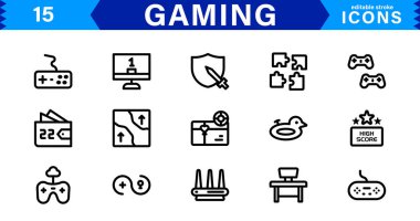 Oyun ve Spor Simgesi Paketi. Oyun Konsolları, Kontrolörler, Turnuvalar ve Dijital Eğlence Tasarımı için Modern Vektör Resimleri