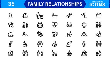 Aile İlişkileri Simgeleri. Ebeveynlik, Arkadaşlık, Aşk, UI / UX ve Dijital Tasarım için Yüksek Kaliteli Çizgi ve Tasarım Vektör Resimleri