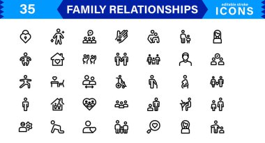 Aile İlişkileri Simgeleri. Ebeveynlik, Arkadaşlık, Aşk, UI / UX ve Dijital Tasarım için Yüksek Kaliteli Çizgi ve Tasarım Vektör Resimleri