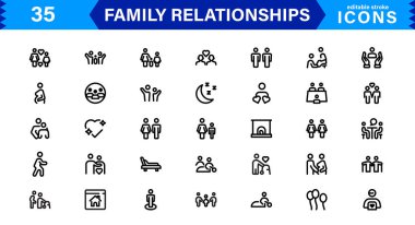 Aile İlişkileri Simgeleri. Ebeveynlik, Arkadaşlık, Aşk, UI / UX ve Dijital Tasarım için Yüksek Kaliteli Çizgi ve Tasarım Vektör Resimleri