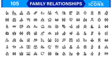 Aile İlişkileri Simgeleri. Ebeveynlik, Arkadaşlık, Aşk, UI / UX ve Dijital Tasarım için Yüksek Kaliteli Çizgi ve Tasarım Vektör Resimleri