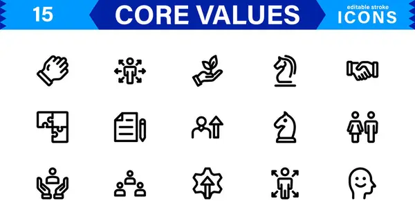 Çekirdek Değerleri Simgesi Ayarlandı. Bütünlük, Etik, Liderlik, UI, Web, Mobil Tasarım ve İş Grafik Tasarım Projeleri için Asgari ve Modern Vektör Simgeleri