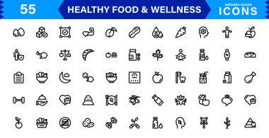 Modern Sağlık ve Sağlıklı Gıda Simgeleri. Sağlıklı Yaşam, Sağlık İzleme ve Organik Yiyecekler İçin Temiz ve Çok Yönlü Simgeler