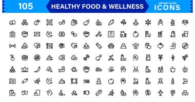 Modern Sağlık ve Sağlıklı Gıda Simgeleri. Sağlıklı Yaşam, Sağlık İzleme ve Organik Yiyecekler İçin Temiz ve Çok Yönlü Simgeler