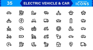 Elektrikli Araç ve Araba Simgesi. EV Şarj, Eco Taşımacılık, UI, Web, Mobil Tasarım ve Otomotiv İçin Asgari ve Modern Vektör Simgeleri