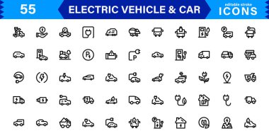 Elektrikli Araç ve Araba Simgesi. EV Şarj, Eco Taşımacılık, UI, Web, Mobil Tasarım ve Otomotiv İçin Asgari ve Modern Vektör Simgeleri