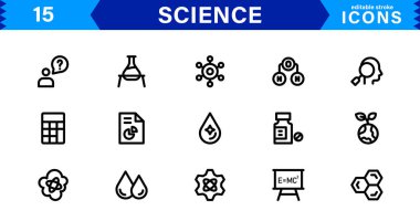 Minimalist Bilim Simgesi Paketi. Düz, Çizgi ve Teknoloji, Kimya, Biyoloji ve Bilimsel Çalışmalar Simgeleri