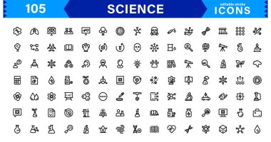 Minimalist Bilim Simgesi Paketi. Düz, Çizgi ve Teknoloji, Kimya, Biyoloji ve Bilimsel Çalışmalar Simgeleri