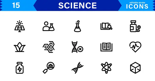 Minimalist Bilim Simgesi Paketi. Düz, Çizgi ve Teknoloji, Kimya, Biyoloji ve Bilimsel Çalışmalar Simgeleri