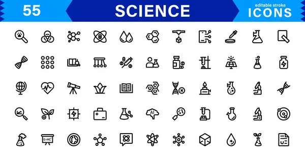 Minimalist Bilim Simgesi Paketi. Düz, Çizgi ve Teknoloji, Kimya, Biyoloji ve Bilimsel Çalışmalar Simgeleri