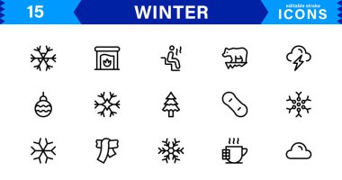Mevsimlik Kış Simgeleri. Kar Taneleri, Buz, Kış Sporları ve Sıcak Kış Aktiviteleri İçin Ölçeklenebilir Çizimler