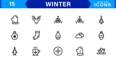 Mevsimlik Kış Simgeleri. Kar Taneleri, Buz, Kış Sporları ve Sıcak Kış Aktiviteleri İçin Ölçeklenebilir Çizimler