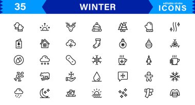 Mevsimlik Kış Simgeleri. Kar Taneleri, Buz, Kış Sporları ve Sıcak Kış Aktiviteleri İçin Ölçeklenebilir Çizimler