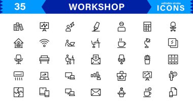Atölye Simgesi Ayarlandı. Araçlar, Ekipmanlar, Çalışma Alanları ve Yapılandırmada DIY Projeleri için Yüksek Kaliteli Simgeler