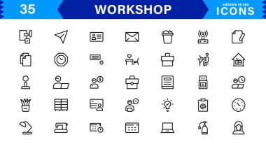 Atölye Simgesi Ayarlandı. Araçlar, Ekipmanlar, Çalışma Alanları ve Yapılandırmada DIY Projeleri için Yüksek Kaliteli Simgeler