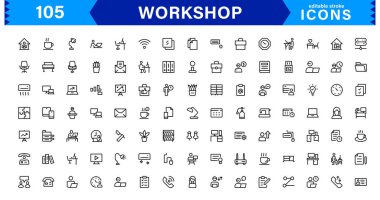 Atölye Simgesi Ayarlandı. Araçlar, Ekipmanlar, Çalışma Alanları ve Yapılandırmada DIY Projeleri için Yüksek Kaliteli Simgeler
