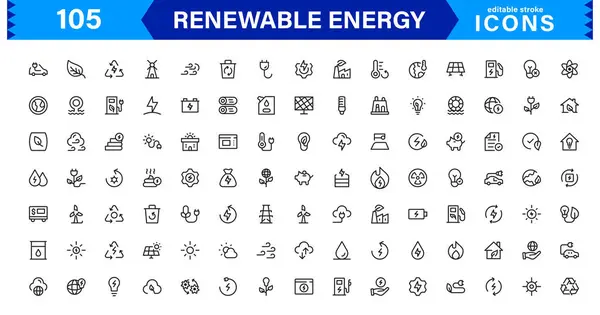 Yenilenebilir Enerji Simgesi Ayarlandı. Güneş, Rüzgar, Yeşil Enerji, Sürdürülebilirlik ve Temiz Güç Çözümleri İçin Yüksek Kaliteli Simgeler