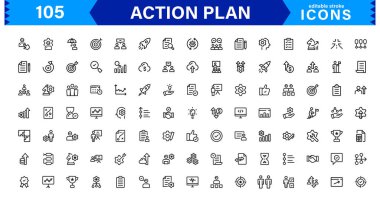 Eylem Planı Simgesi Ayarlandı. Planlama, Strateji, Proje Yönetimi ve Görev Zamanlaması İçin Yüksek Kaliteli Simgeler