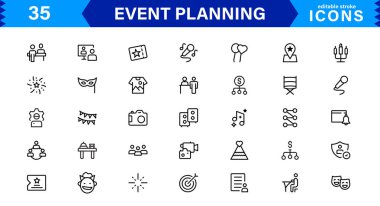 Olay Planlama Simgesi Ayarlandı. Etkinlik Örgütü, Yönetim, Zamanlama ve Parti Planlama Çözümleri İçin Yüksek Kaliteli Simgeler