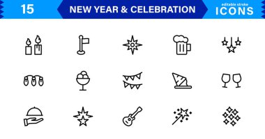 Yeni Yıl 'ı Şen Kutlamalar için Şık Simgelerle kutlayın. Bu Simge Seti Cheers, Fireworks ve Her Kutlama İçin Canlı Semboller içerir.