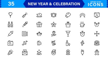 Yeni Yıl 'ı Şen Kutlamalar için Şık Simgelerle kutlayın. Bu Simge Seti Cheers, Fireworks ve Her Kutlama İçin Canlı Semboller içerir.