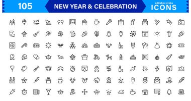 Yeni Yıl 'ı Şen Kutlamalar için Şık Simgelerle kutlayın. Bu Simge Seti Cheers, Fireworks ve Her Kutlama İçin Canlı Semboller içerir.