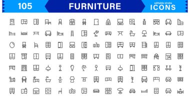 Modern Tasarım Projeleri için Mobilya Simgesi Seti. Bu Koleksiyon Özellikleri Sandalyeleri, Tablolar ve Moda Ev dekorasyonu Elementleri.