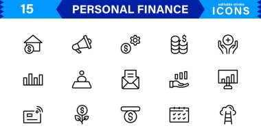 Bütçe ve Tasarruf İçin Temel Simgelerle Kişisel Finans Tasarımları. Finansal Uygulamalar, Web siteleri ve Mobil Çözümler için mükemmel.