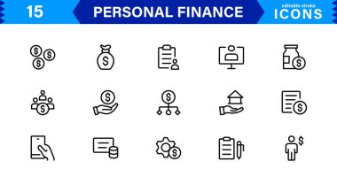 Bütçe ve Tasarruf İçin Temel Simgelerle Kişisel Finans Tasarımları. Finansal Uygulamalar, Web siteleri ve Mobil Çözümler için mükemmel.