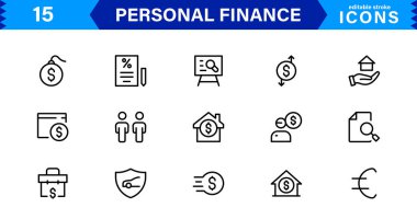 Bütçe ve Tasarruf İçin Temel Simgelerle Kişisel Finans Tasarımları. Finansal Uygulamalar, Web siteleri ve Mobil Çözümler için mükemmel.